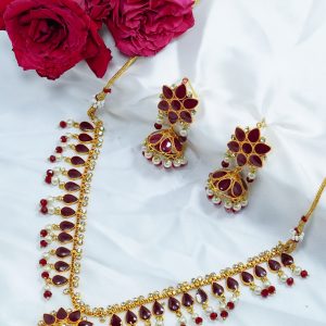 Red & White Gulu Bandh with Pearls