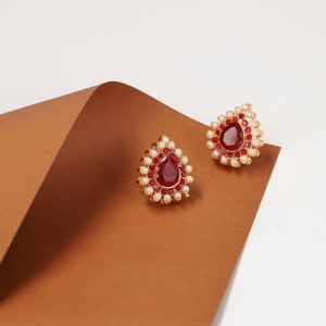 Drop shape studs with red stone